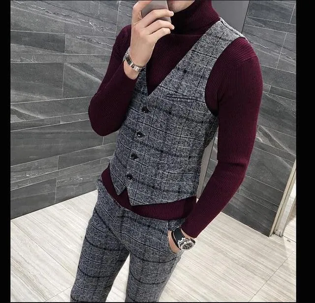 3 Pieces Suits Men British Style Designs Slim Fit Plaid Dress Tuxedo