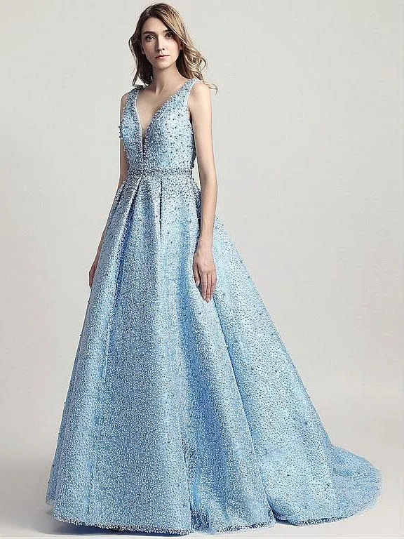 A-Line V-neck Floor-Length Tulle Full Beaded Evening Dress 3094