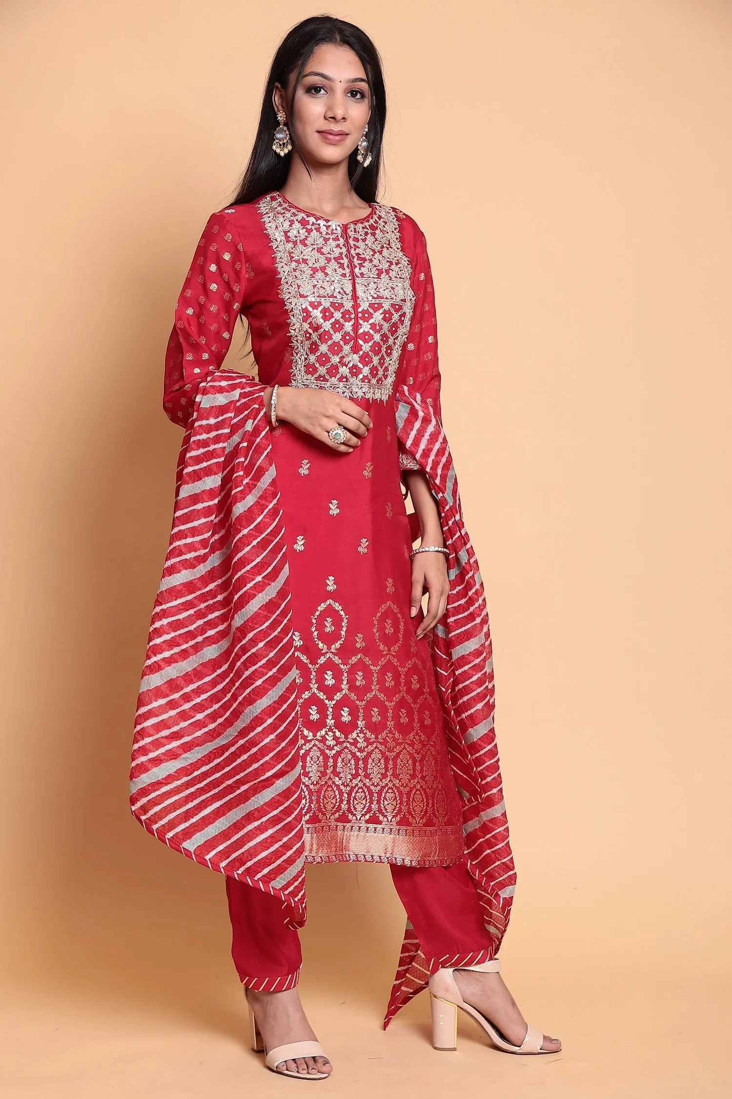 Banarasi Cotton silk Suit Stitched with Gota Patti work.