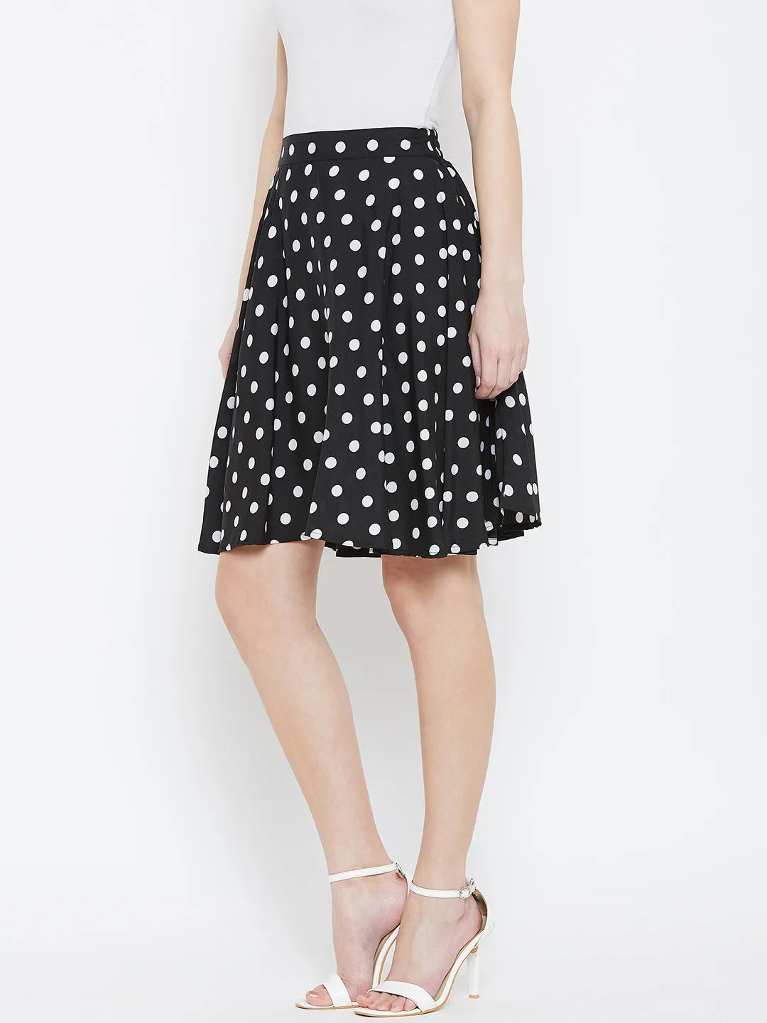 Berrylush Women Black & White Polka Dot Printed Elastic Waist Flared Mini Skirt