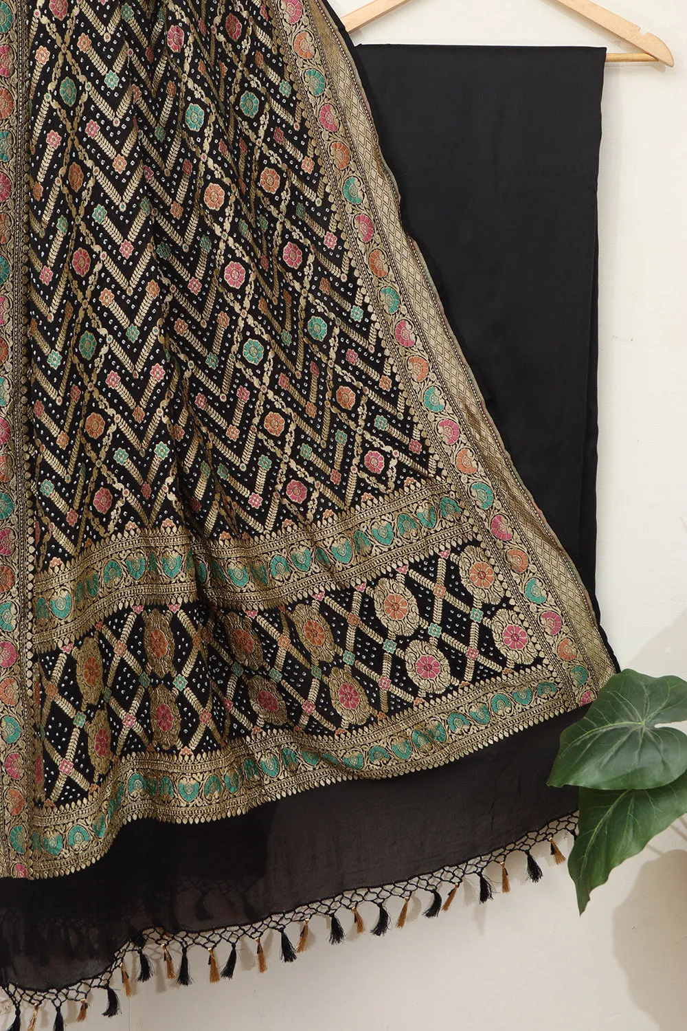 Black Plain Silk Suit With Banarasi Bandhani Pure Georgette Dupatta