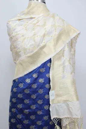 Blue Banarasi Silk Suit With Off White Banarasi Silk Dupatta