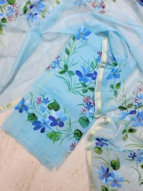 Blue Hand Painted Kota Doria Suit With Dupatta