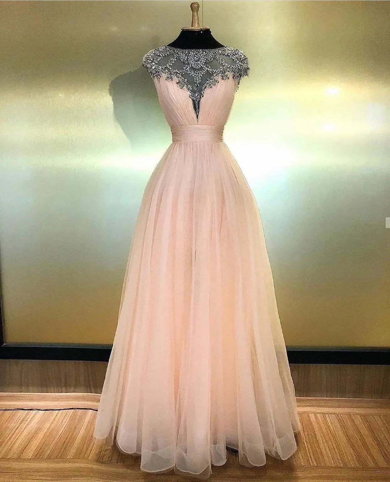 Blush Pink Long  Crystals Tulle A Line