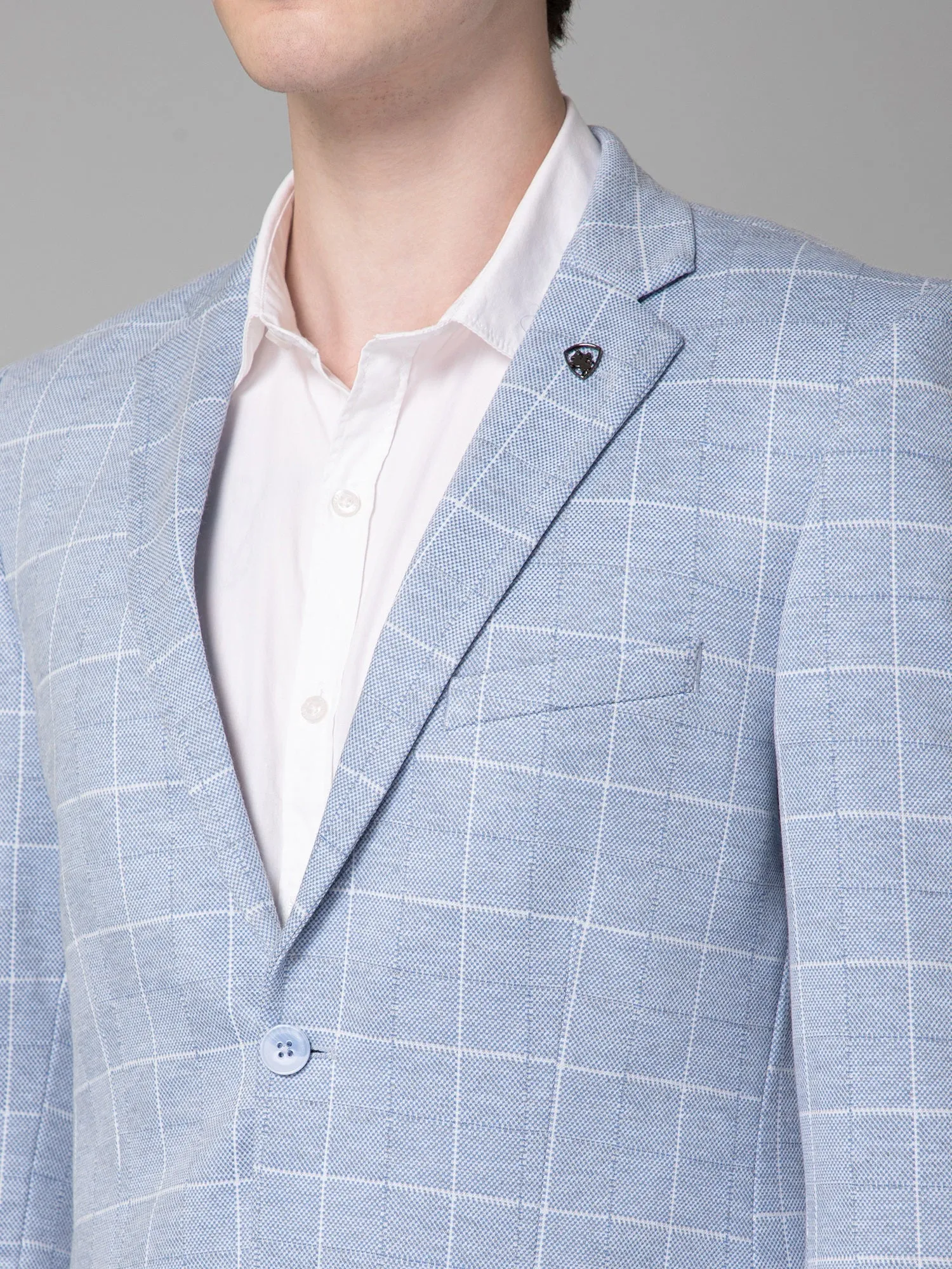 Cantabil Blue Checkered Full Sleeves Casual Blazer For Men