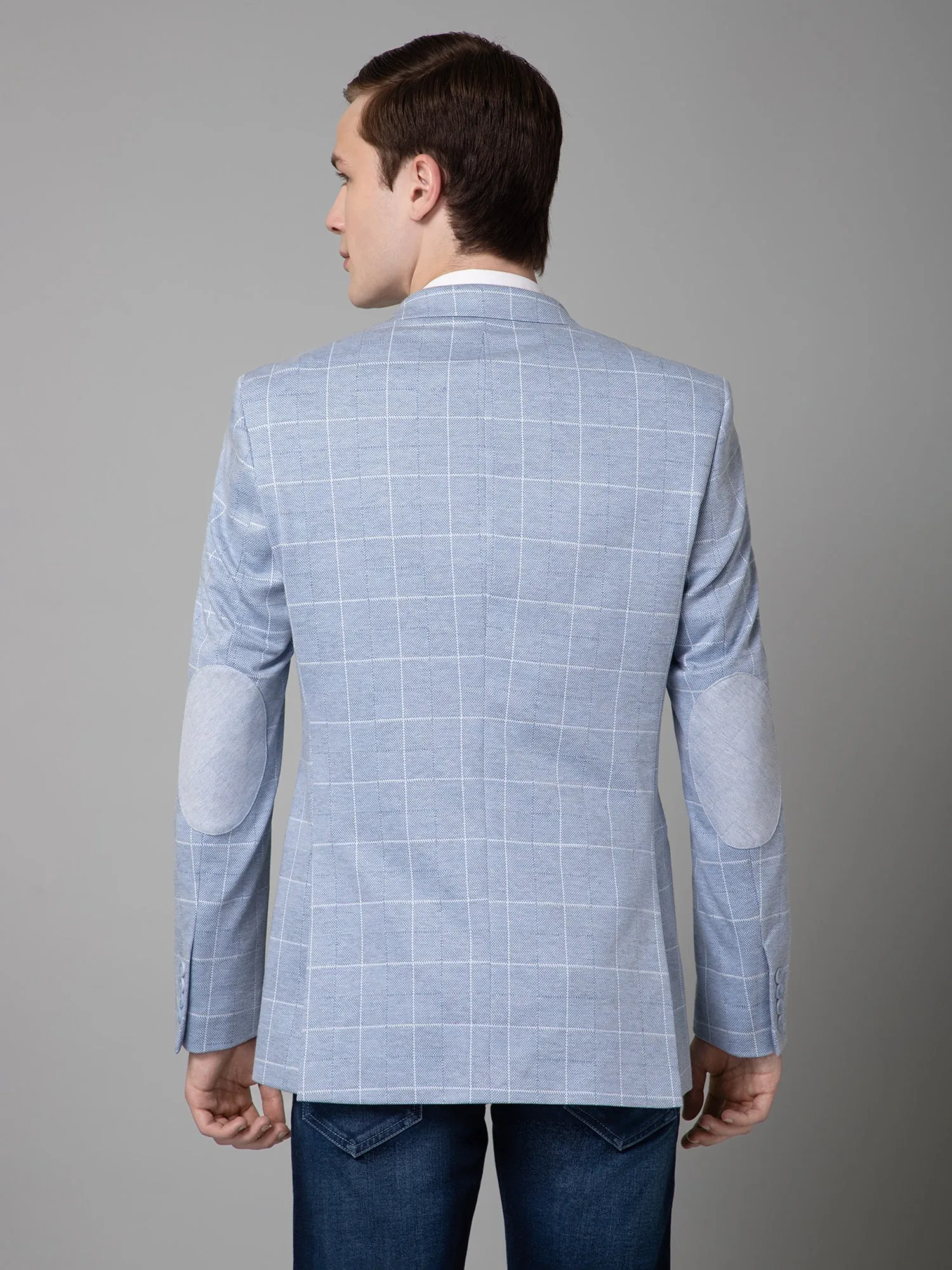 Cantabil Blue Checkered Full Sleeves Casual Blazer For Men