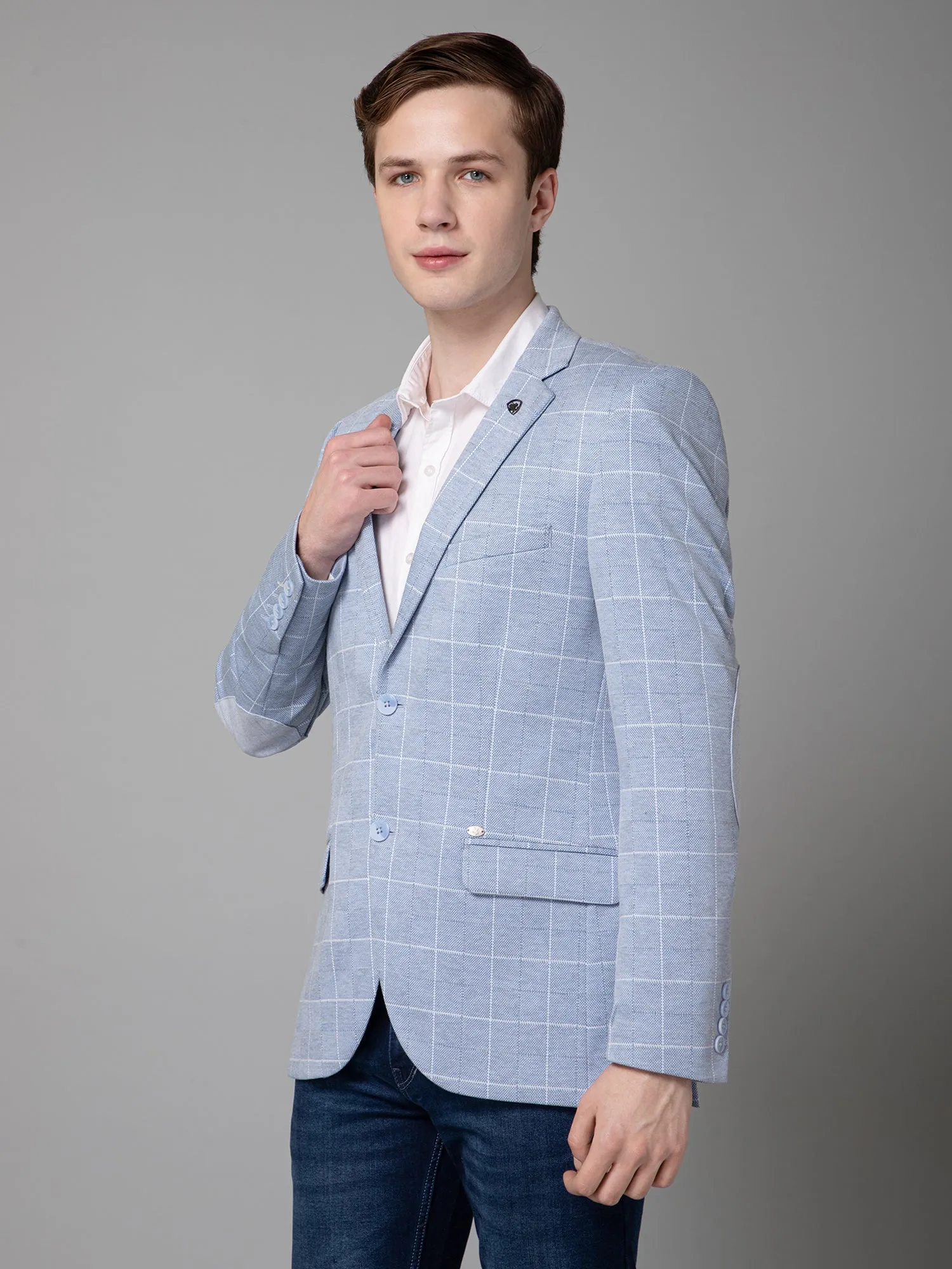 Cantabil Blue Checkered Full Sleeves Casual Blazer For Men