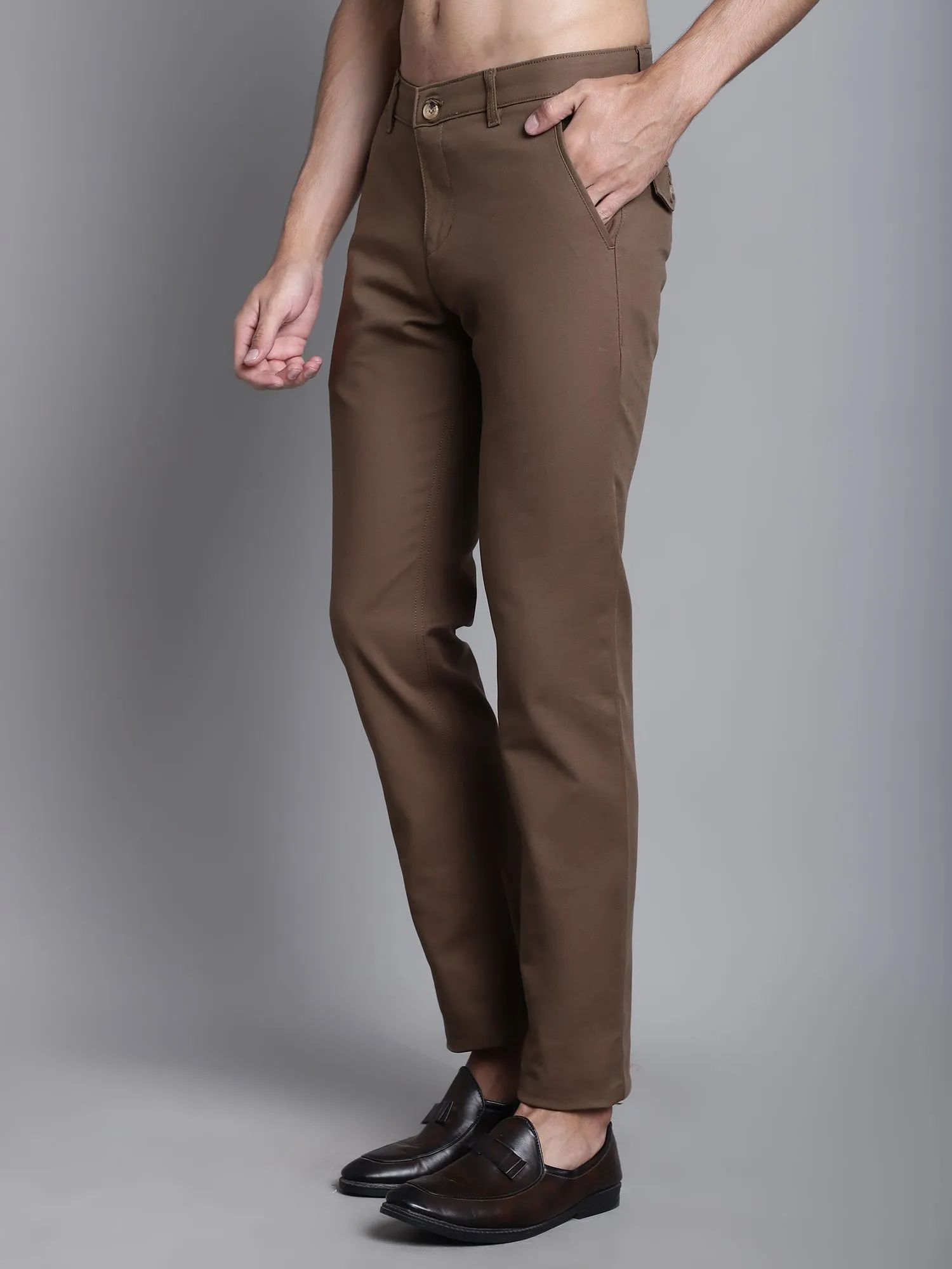 Cantabil Brown Solid Non Pleated Regular Fit Mid Rise Casual Trousers for Men