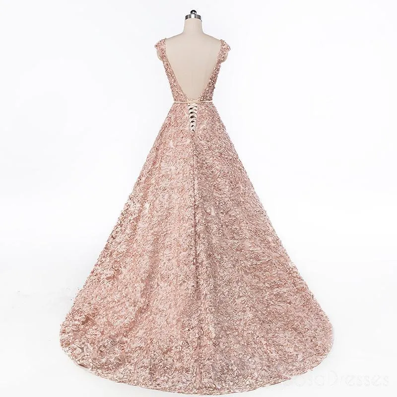 Cap Sleeves Soop Rose Gold Lace Long Evening Prom Dresses, Cheap Party Prom Dresses, 18612