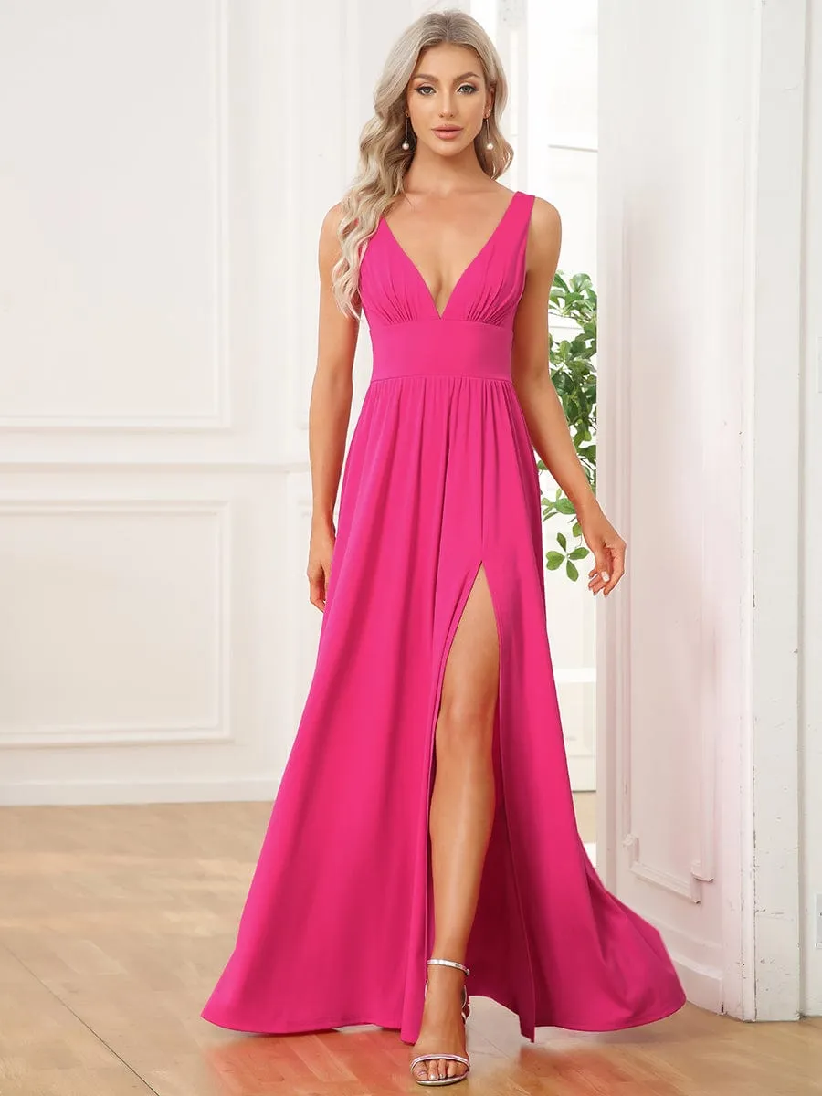 Chiffon High Slit Sleeveless V-Neck Empire Waist Formal Evening Dress