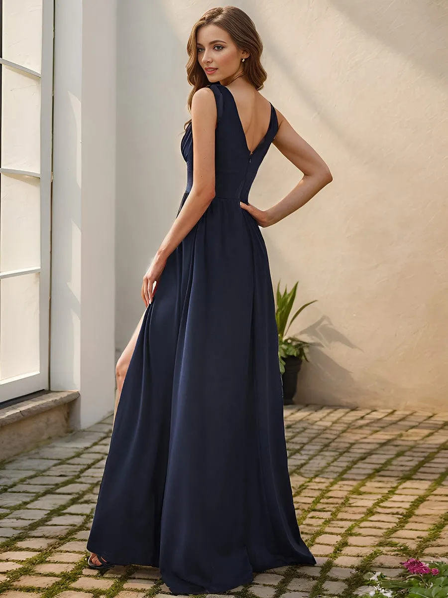 Chiffon High Slit Sleeveless V-Neck Empire Waist Formal Evening Dress