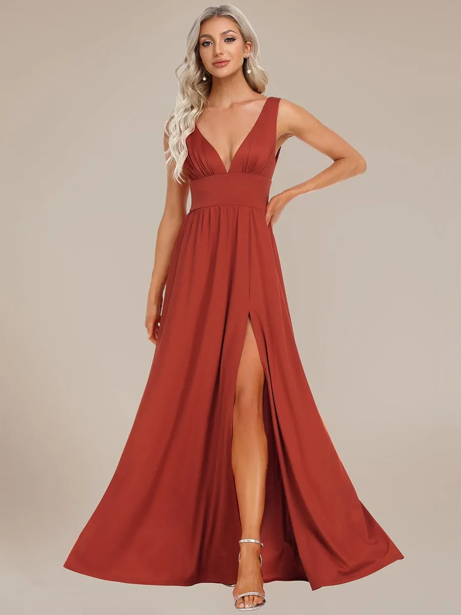 Chiffon High Slit Sleeveless V-Neck Empire Waist Formal Evening Dress