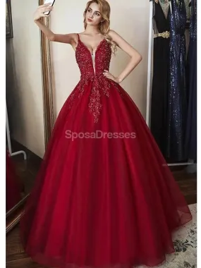 Dark Red Spaghetti Straps Lace Beaded A-line Long Evening Prom Dresses, Evening Party Prom Dresses, 12315