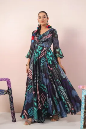 Deep Blue Digital Printed Crepe Silk Gown