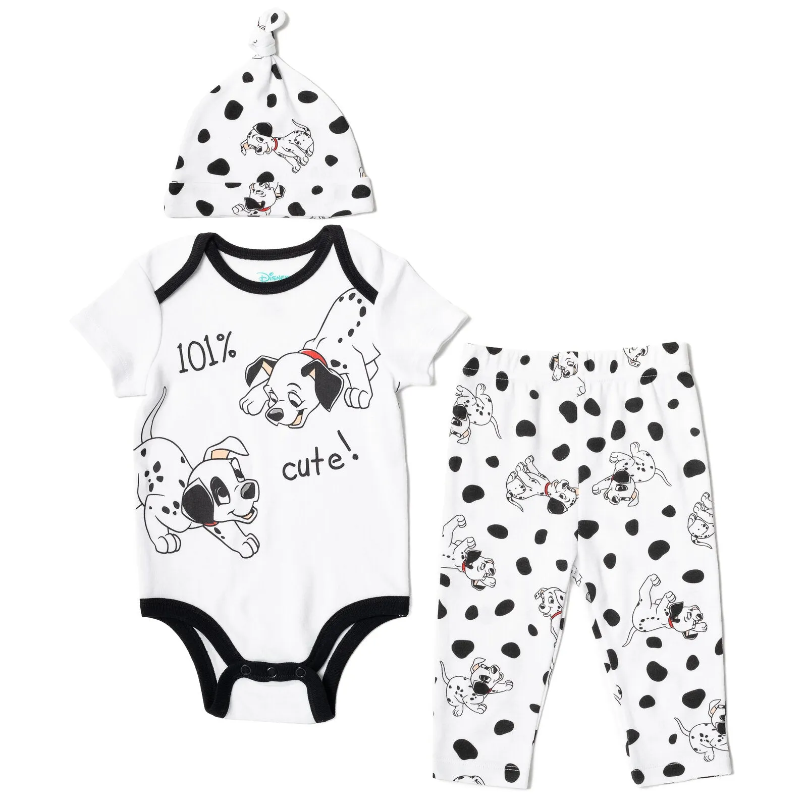 Disney 101 Dalmatians Patch Bodysuit Pants and Hat 3 Piece Outfit Set