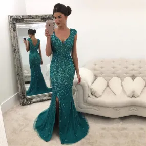 Emerald Green Mermaid Prom Dresses Crystal Beaded Evening Gowns