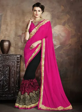 Georgette Formal Wear Embroidered Work Saree  - pink black