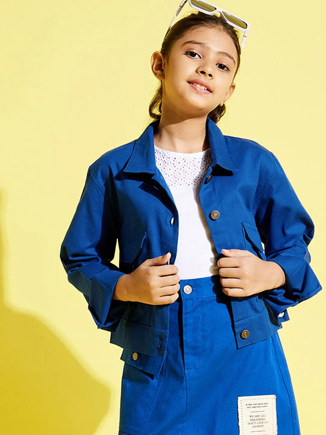 Girls Blue Front Button Twill Jacket