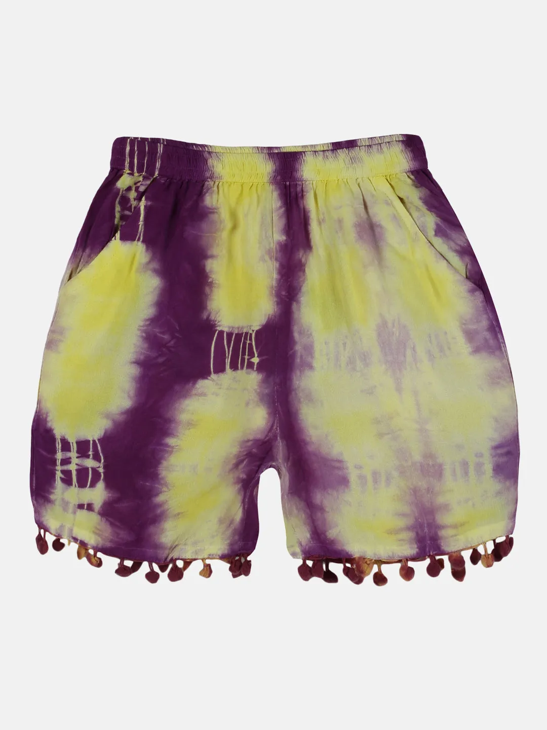 Girls Pom Pom Lace Hem Tie & Dye Shorts