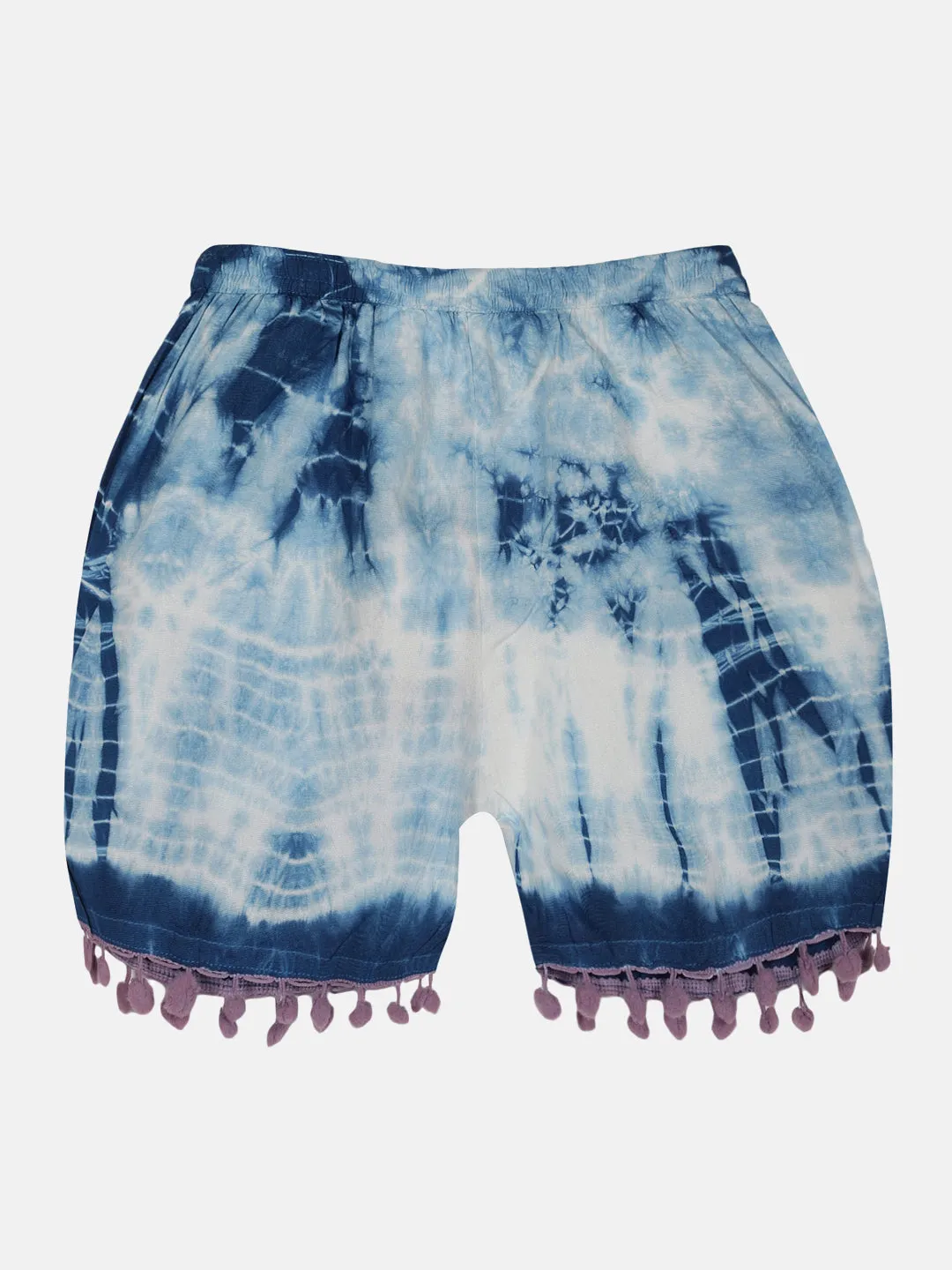 Girls Pom Pom Lace Hem Tie & Dye Shorts