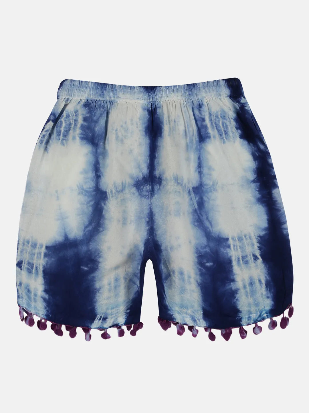 Girls Pom Pom Lace Hem Tie & Dye Shorts