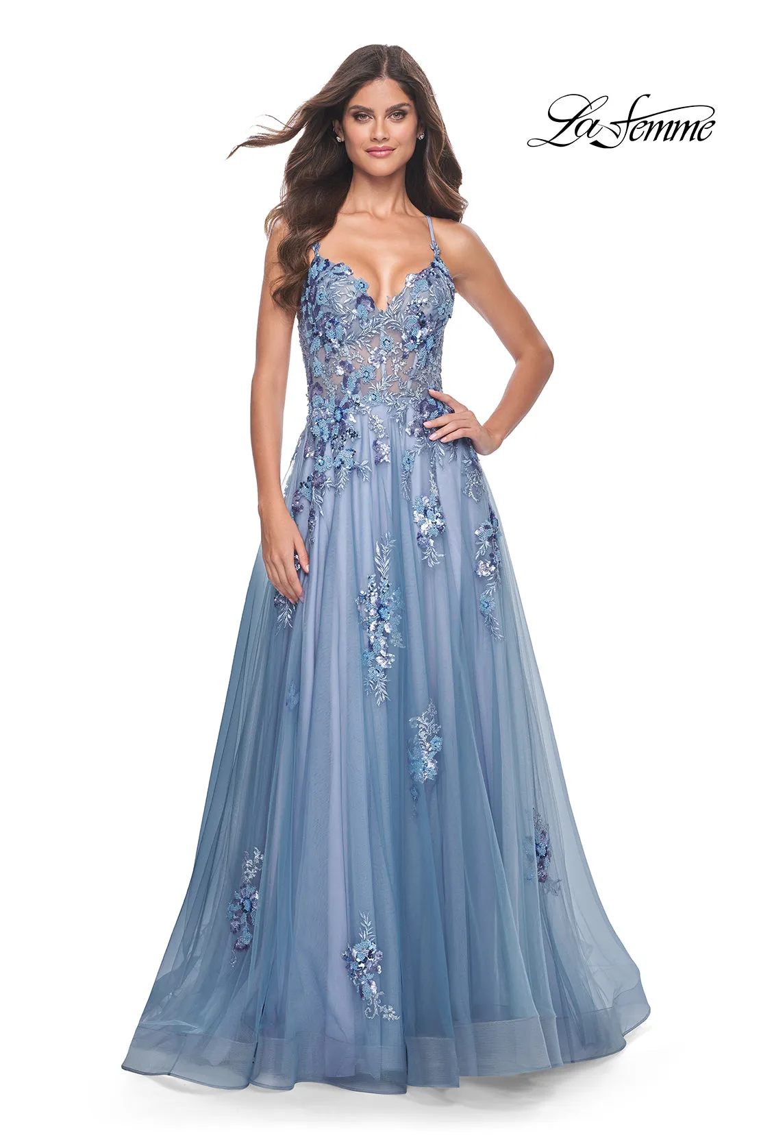 La Femme 32057 Beaded Sequin Applique Tulle