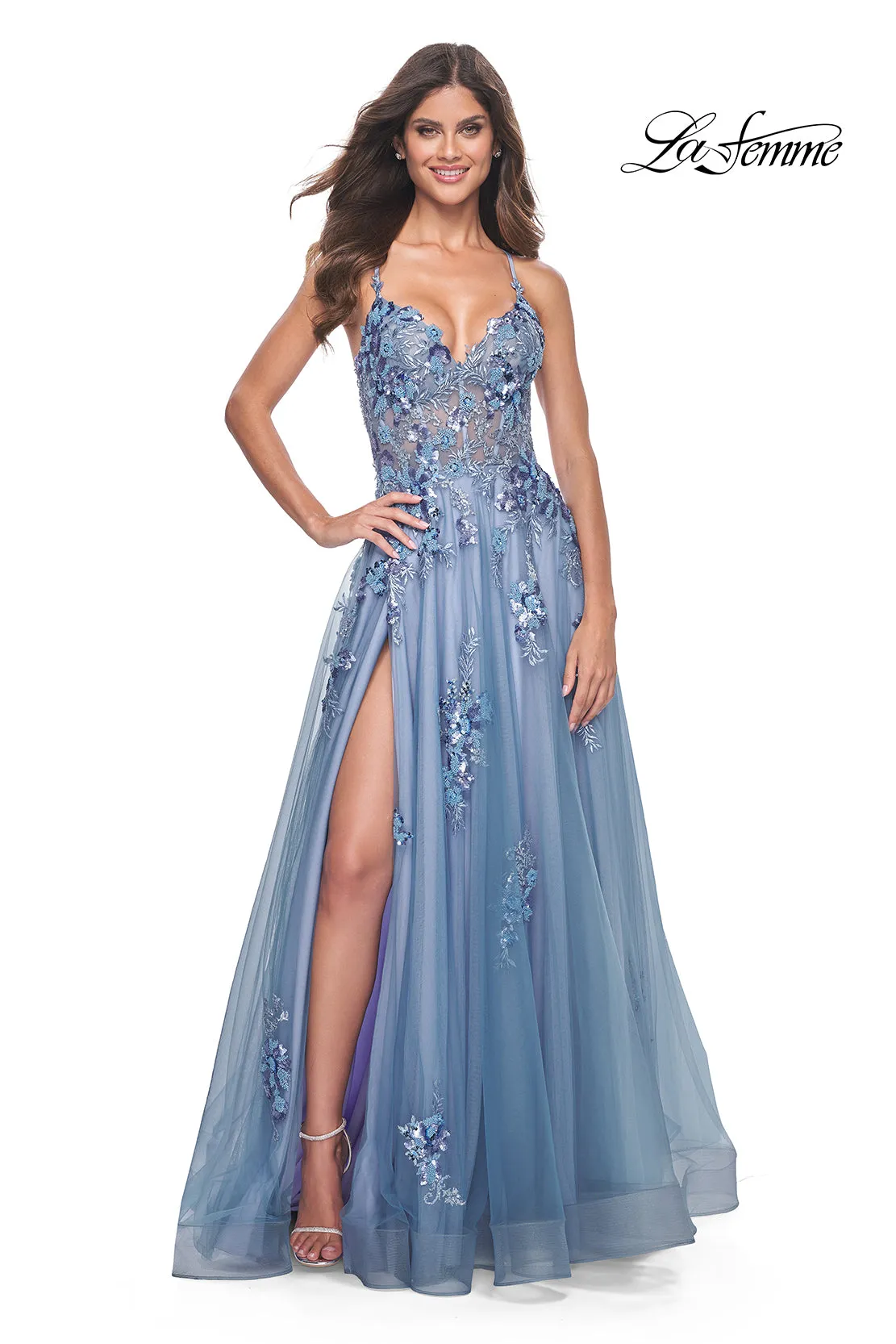 La Femme 32057 Beaded Sequin Applique Tulle