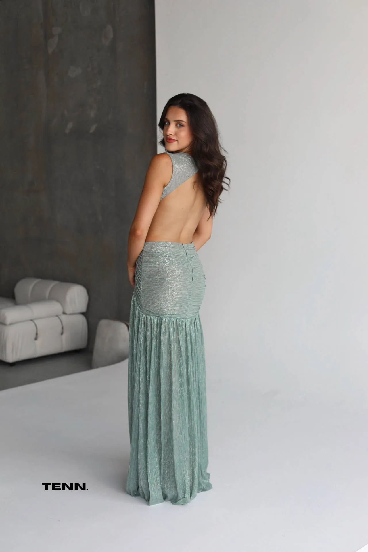 Lurex Cut Out Gown - Seafoam