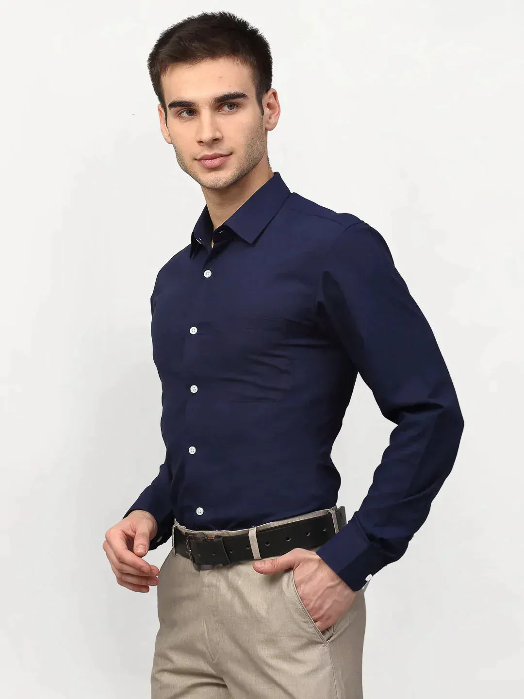 Men's Navy Blue Solid Formal Shirts - Taantav