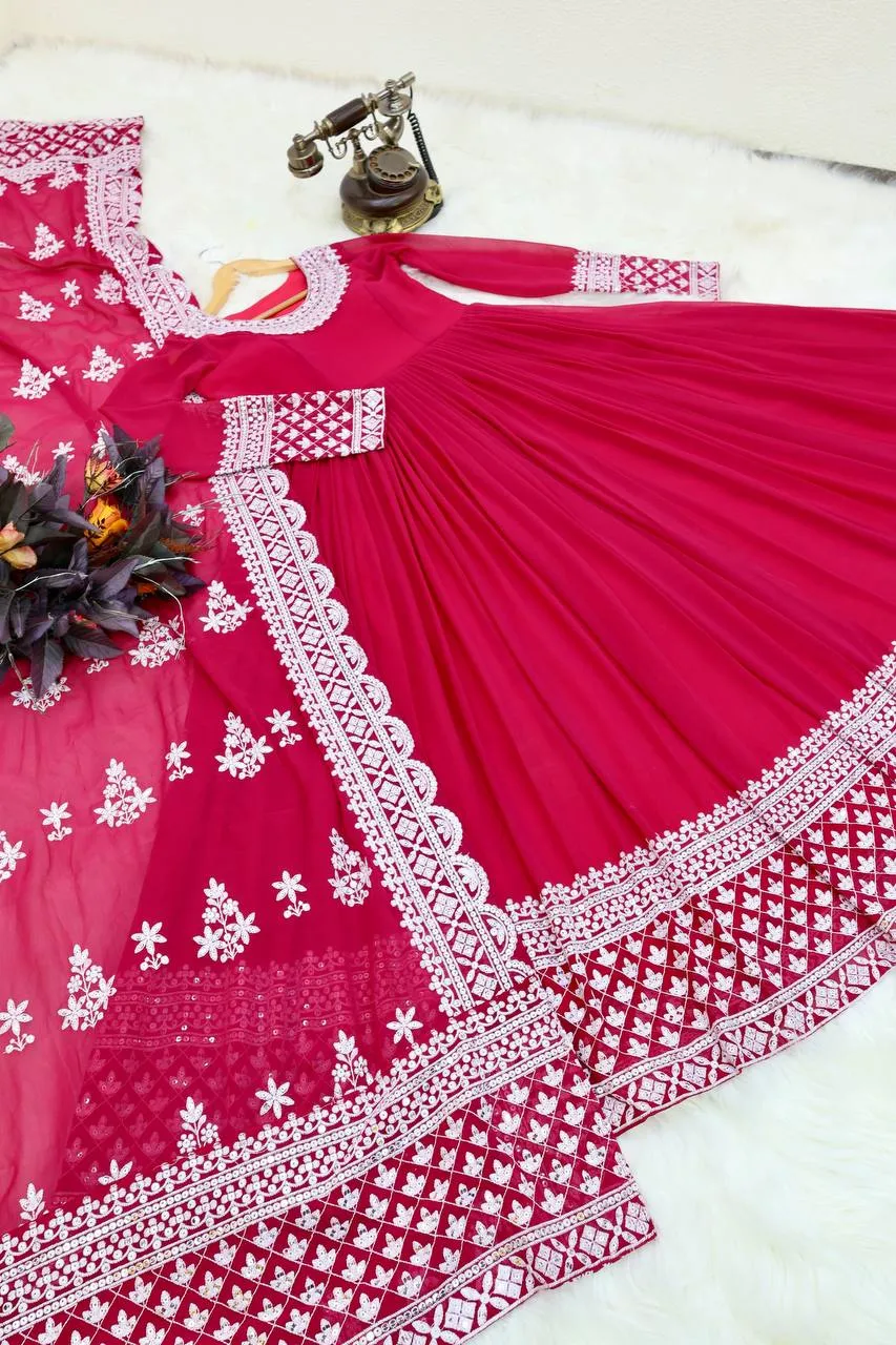 Rani Pink Fox Georgette Sequin Embroidered Gown with Flowing Skirt and Matching Dupatta